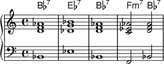 <<
\new ChordNames \chordmode {
bes1:7 ees:7 bes:7 f2:m7 bes2:7
}
\new PianoStaff << \new Staff \relative c'{
< d f aes>1 <des g bes > < d f aes> <c ees aes >2 <d f aes > }
\new Staff { \clef bass bes,1 ees1 bes,1 f,2 bes,2 }>>
>>