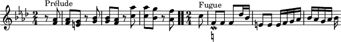 \version "2.18.2"
\header {
tagline = ##f
}
\score {
\new Staff \with {
}
<<
\relative c'' {
\key f \minor
\time 2/4
\set Staff.midiInstrument = #"harpsichord"
%% INCIPIT CBT II-12, BWV 881, fa mineur
\partial 4
r8^\markup{Prélude} < aes f >8 | q < g e > r8 < bes g > | q < aes f > r8 < aes' c, > | q < g bes, > r8 < f aes, > \bar ".."
\time 2/4 \partial 8
c8^\markup{Fugue} f,_\mordent-\markup { \natural } f f des'16 bes e,8 e e16 f g aes bes aes g aes bes
}
>>
\layout {
\context { \Score \remove "Metronome_mark_engraver" }
}
\midi {}
}
