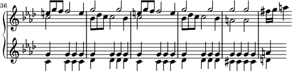 \version "2.18.2"
\header {
tagline = ##f
% composer = "Domenico Scarlatti"
% opus = "K. 144"
% meter = "Cantabile"
}
upper = \relative c'' {
\clef treble
\key f \minor
\time 2/2
\tempo 4 = 90
\set Staff.midiInstrument = #"harpsichord"
\override TupletBracket.bracket-visibility = ##f
\omit Staff.TimeSignature
\bar ""
<< { \repeat unfold 2 { \omit TupletNumber \times 2/3 { e8 g f } f2 e4 | g2 g } | g g } \\ { \repeat unfold 2 { c,2 s2 | \omit TupletNumber \times 2/3 { bes8 des c } c2 bes4 } | a2 a } >> fis'16 g a4
}
lower = \relative c' {
\clef treble
\key f \minor
\time 2/2
\set Staff.midiInstrument = #"harpsichord"
\override TupletBracket.bracket-visibility = ##f
\set Score.currentBarNumber = #36
\omit Staff.TimeSignature
% ************************************** \appoggiatura a16 \repeat unfold 2 { } \times 2/3 { } \omit TupletNumber
<< { \repeat unfold 20 { g' } a } \\ { \repeat unfold 2 { c,4 c c c | des des des des } | cis4 cis cis cis | d } >>
}
thePianoStaff = \new PianoStaff <<
\set PianoStaff.instrumentName = #""
\new Staff = "upper" \upper
\new Staff = "lower" \lower
>>
\score {
\keepWithTag #'print \thePianoStaff
\layout {
indent = #0
#(layout-set-staff-size 17)
\context {
\Score
\override SpacingSpanner.common-shortest-duration = #(ly:make-moment 1/2)
\remove "Metronome_mark_engraver"
}
}
}
\score {
\keepWithTag #'midi \thePianoStaff
\midi { }
}