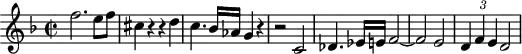 \header {
tagline = ##f
}
\score {
\new Staff \with {
}
<<
\relative c'' {
\key f \major
\time 2/2
\tempo 2 = 70
\override TupletBracket #'bracket-visibility = ##f
%\autoBeamOff
\set Staff.midiInstrument = #"string ensemble 1"
%%%%%%%%%%%%%%%%%%%%%%%%%% AB 3-1 th3
f2. e8 f cis4 r4 r4 d4 c4. bes16 aes g4 r4 r2 c,2 des4. ees16 e f2~f e2 \times 2/3 { d4 f e} d2
}
>>
\layout {
\context { \Score \remove "Metronome_mark_engraver"
\override SpacingSpanner.common-shortest-duration = #(ly:make-moment 1/2)
}
}
\midi {}
}