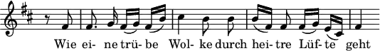 
\header {
  \version "2.16.2"
  tagline = ##f
}

\score {
  \new Staff \with {
    \remove "Time_signature_engraver"
  }

<<
  \relative c' {
    \key b \minor
    \time 2/4
    \set Score.currentBarNumber = #6
    \override TupletBracket #'bracket-visibility = ##f
    \autoBeamOff

     %%%%%%%%%%%%%%%%%%%%%%%%%% no 12 Einsamkeit

     \partial 4 r8 fis8 | fis8. g16 fis[( g)] fis[( b)] | cis4 b8 b | b16[( fis)] fis8 fis16[( g)] e[( cis)] |
     fis4

  }

  \addlyrics {
    Wie ei- ne trü- be_ Wol- ke durch hei- tre Lüf- te_ geht
  }
>>
  \layout {
    \context {
      \remove "Metronome_mark_engraver"
    }
  }
  \midi {}
}
