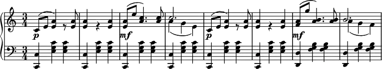 
 \relative c' {
 \new PianoStaff <<
  \new Staff { \key a \minor \time 3/4
  <<
  {
   c8( e <e a>4) s8 <e a>8 <e a>4 s4 <e a>4 <e a>8( e' <a, c>4.) <a c>8 c2. c,8( e <e a>4) s8 <e a>8 <e a>4 s4 <e a>4 <f a>8( g' <a, b>4.) <a b>8 b2.
  }
  \\
  {
   s8 s s4 r8 s8 s4 r4 s s8 s s4. s8 a4( g e) s8 s s4 r8 s8 s4 r4 s s8 s s4. s8 a4( g f)
  }
  >>
  }
  \new Dynamics {
  s8\p s s4 s8 s s4 s s s8\mf s s4.s8 s4 s s s8\p s s4 s8 s s4 s s s8\mf
  }
  \new Staff { \key a \minor \time 3/4 \clef bass
  <c, c,>4 <e g c> <e g c> <c c,>4 <e g c> <e g c> <c c,>4 <e g c> <e g c> <c c,>4 <e g c> <e g c> <c c,>4 <e g c> <e g c> <c c,>4 <e g c> <e g c> <d d,>4 <f g b> <f g b> <d d,>4 <f g b> <f g b>
  }
 >>
 }
