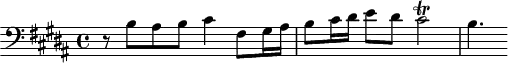 \version "2.18.2"
\header {
tagline = ##f
}
\score {
\new Staff \with {
}
<<
\relative c' {
\clef bass
\key b \major
\time 4/4
%% SUJET fugue CBT I-23, BWV 868, si majeur
r8 b8 ais b cis4 fis,8 gis16 ais b8 cis16 dis e8 dis cis2\trill b4.
}
>>
\layout {
\context { \Score \remove "Metronome_mark_engraver" }
}
\midi {}
}