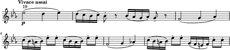 \version "2.18.2"
\relative c'' {
\key ees \major
\time 4/4
\tempo "Vivace assai"
\tempo 4 = 160
\omit Staff.TimeSignature
ees2\p^ \markup{19} (d4 ees)
d16 (c bes c) bes8-. r bes16 (aes g aes) g8-. r
f2 (g4 aes)
c16 (bes a bes) ees8-. ees-. c16 (bes a bes) ees8-. ees-.
f,2 (g4 aes!)
c16 (bes a bes) ees8-. ees-. g,16 (f e f) c'8-. c-.
}