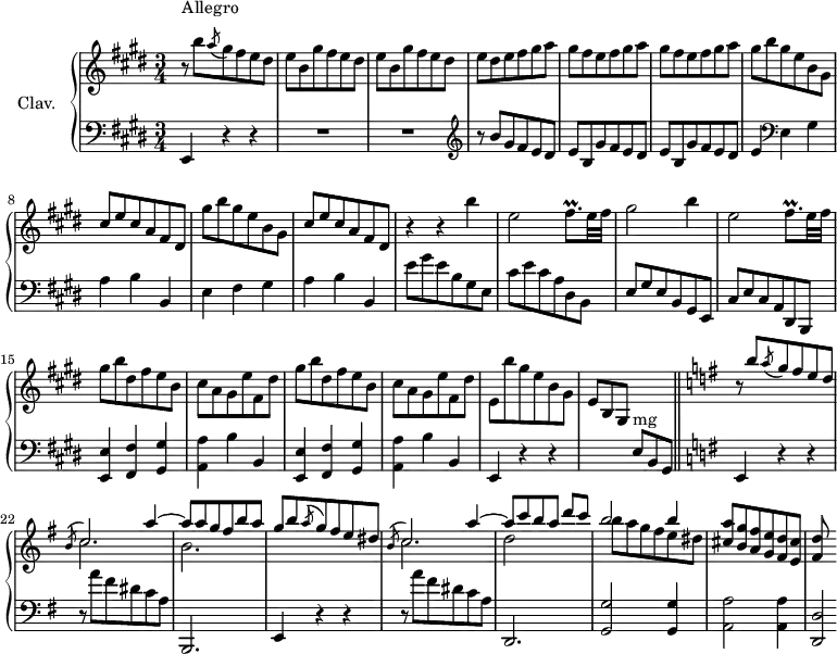
\version "2.18.2"
\header {
  tagline = ##f
}

%% les petites notes
trillFisqp    = { \tag #'print { fis8.\prall } \tag #'midi { gis32 fis gis fis~ fis16 } }

upper = \relative c'' {
  \clef treble 
  \key e \major
  \time 3/4
  \tempo 4 = 110
  \set Staff.midiInstrument = #"harpsichord"

     s8*0^\markup{Allegro}
     r8 b'8 \acciaccatura a8  gis8 fis e dis | \repeat unfold 2 { e b gis' fis e dis } | e dis e fis gis a | \repeat unfold 2 { gis fis e fis gis a } |
     % ms. 7
     \repeat unfold 2 { gis8 b gis e b gis | cis e cis a fis dis } |
     % ms. 11
     r4 r4 b''4 | e,2 \trillFisqp e32 fis | gis2 b4 | e,2 \trillFisqp e32 fis | % gis8 b dis, fis e b |
     % ms. 15 et 16
     \repeat unfold 2 { gis8 b dis, fis e b | cis a gis e' fis, dis'  } | e,8 b'' gis e b gis e[ b gis] \stemUp \change Staff = "lower" e8^\markup{mg} b gis \bar "||" \change Staff = "upper"  \key e \minor  
     % ms. 21
     r8 b'''8 \acciaccatura a8  g8 fis e d |
     % ms. 22
     << { \mergeDifferentlyDottedOn \acciaccatura b8 \stemUp c2 a'4~ | a8 a g fis b a | g b8 \acciaccatura a8  g8 fis e dis | \acciaccatura b8  c2 a'4~ | a8 c b a d[ c] | b2 b4 } \\ { c,2. | b2. s2. | c2. | d2 s4 | b'8 a g fis e dis } >> | < cis a' >8 <b g' > < a fis' > < g e' > < fis d' > < e cis' > | < fis d' >

}

lower = \relative c' {
  \clef bass
  \key e \major
  \time 3/4
  \set Staff.midiInstrument = #"harpsichord"

    % **************************************
      e,,4 r4 r4 | R2.*2 |   \clef treble  r8 b'''8 gis fis e dis | \repeat unfold 2 { e b gis' fis e dis } |
      % ms. 7
      e4   \clef bass e, gis | a b b, | e fis gis  | a b b, |
      % ms. 11
      e'8 gis e b gis e | cis' e cis a dis, b | e gis e b gis e | cis' e cis a dis, b | \repeat unfold 2 { < e e' >4 <fis fis' > < gis gis' >
      % ms. 17
      < a a' >4 b' b, } | e,4 r4 r4 | s2. | \key e \minor

      % ms. 21
      e4 r4 r4 | r8 a''8 fis dis c a | b,,2. | e4  r4 r4 | r8 a''8 fis dis c a |
      % ms. 26
      d,,2. | < g g' >2 q4 | < a a' >2 q4 | < d, d' >2*1/2

}

thePianoStaff = \new PianoStaff <<
    \set PianoStaff.instrumentName = #"Clav."
    \new Staff = "upper" \upper
    \new Staff = "lower" \lower
  >>

\score {
  \keepWithTag #'print \thePianoStaff
  \layout {
      #(layout-set-staff-size 17)
    \context {
      \Score
     \override SpacingSpanner.common-shortest-duration = #(ly:make-moment 1/2)
      \remove "Metronome_mark_engraver"
    }
  }
}

\score {
  \keepWithTag #'midi \thePianoStaff
  \midi { }
}
