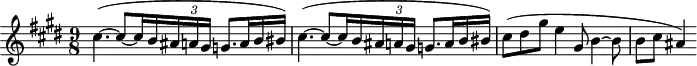 
\header {
  tagline = ##f
}

\score {
  \new Staff \with {

  }
<<
  \relative c'' {
    \key e \major
    \time 9/8
    \override TupletBracket #'bracket-visibility = ##f 
    %\autoBeamOff
    \set Staff.midiInstrument = #"flute"

     %%%%%%%%%%%%%%%%%%%%%%%%%% Prélude à l'après midi d'un faune, thème
     cis4.~( cis8[~ cis16 b \times 2/3 {ais a16 gis]} g8. a16 b bis) 
     cis4.~( cis8[~ cis16 b \times 2/3 {ais a16 gis]} g8. a16 b bis) 
     cis8~(\< dis gis e4 gis,8 b4~ 
     b8 b  cis ais4)

  }
>>
  \layout {
    \context {
      \remove "Metronome_mark_engraver"
    }
  }
  \midi {}
}
