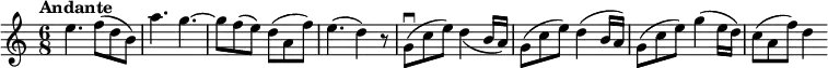 
\new Staff \with {midiInstrument = #"violin"} {
  \relative c'' {
  \key c \major
  \numericTimeSignature
  \time 6/8
  \tempo "Andante"
  e4. f8( d b)
  a'4. g~
  g8 f( e) d( a f')
  e4.( d4) r8
  g,\downbow( c e) d4_( b16 a)
  g8( c e) d4( b16 a)
  g8( c e) g4( e16 d)
  c8( a f') d4
  }
}
  \midi {
    \context {
      \Score
      tempoWholesPerMinute = #(ly:make-moment 80 8)
    }
  }
