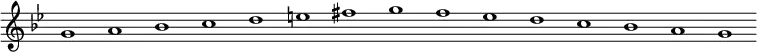 \new Staff {
\relative c'' {
\key g \minor
\override Staff.TimeSignature #'stencil = ##f
\override Staff.BarLine #'stencil = ##f
g1 a bes c d e fis g f es d c bes a g
}
}
\midi {
\context {
\Score
tempoWholesPerMinute = #(ly:make-moment 120 1)
}
}