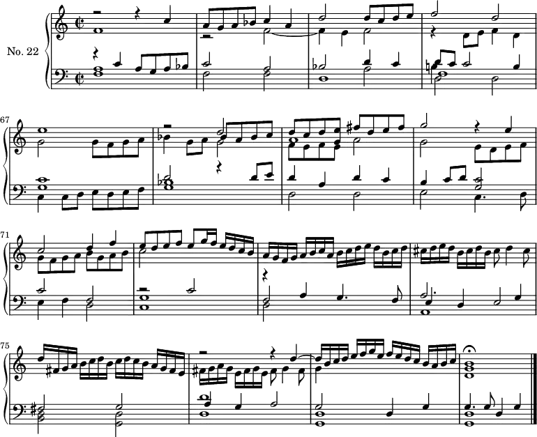 
\version "2.14.2"
\header {
  tagline = ##f
}
upper = \relative c' {
  \clef treble 
  \key a \minor
  \time 2/2
  \tempo 2 = 78
  \autoBeamOff
  \set Score.currentBarNumber = #63
  \set Staff.midiInstrument = #"harpsichord"

    << { r2 r4 c'4 a8 g a bes c4 a d2 d8 c d e f2 d e1 } \\ { f,1 r2 f2~ f4 e f2 r4 d8 e f4 d g2 g8 f g a } >>
    << { r2 d2 d8 c d < e g, >8 fis d e fis g2 r4 e4 c2 d4 f e8 d e f e8[ g16 f] e16 d c b } \\ { bes4 g8 a g2 f8 e f e a2 g e8 d e f g8 f g a b g a b c2 } \\ { s2 bes8 a bes c a1 }  >>
    a16[ g f g] a[ b c a] b[ c d e] d[ b c d] cis[ d e d] b[ cis d b] cis8 d4 cis8 | d16[ fis, g a] b[ c d b] c[ d c b] a[ g fis e] 
   << { r2 r4 d'4~ d16[ b c d] e f g e f[ e d c] b[ a b c] < b g >1\fermata } \\ { fis16[ g a g] e[ fis g e] fis8 g4 fis8 g4 s2. d1 } >>

}

lower = \relative c {
  \clef bass
  \key a \minor
  \time 2/2
  \set Staff.midiInstrument = #"harpsichord"

    << { r4 c'4 a8 g a bes c2 a bes d4 c  } \\ { < a f >1 f2 f d1 } \\ { s1 s1 s2 \stemDown a'2 } >>
    << { d8 c c2 b4 } \\ { d,2 d } \\ { f1 } \\ { b!4 } >>
    << { < c g >1 d2 r4 d8 e d4 a d c b c8 d < c g >2 c2 f, r2 c'2 } \\ { c,4 c8 d e d e f < bes g >1 | d,2 d e c4. d8 e4 f d2 < g c, >1 } >>
    % ms. 73
    << { r4 a4 g4. f8 } \\ { d2 } \\ { f2 } >>
    << { a2. g4 fis2 g2 } \\ { a,1 < d b >2 < d g, >2 } \\ { e4 d e2 } >>
    << { d'1 g,2 d4 g g4. g8 d4 g } \\ { d1 < d g, >1 < d g, > } \\ { a'4 g a2 } >>
    \bar "|."

}

\score {
  \new PianoStaff <<
    \set PianoStaff.instrumentName = #"No. 22"
    \new Staff = "upper" \upper
    \new Staff = "lower" \lower
  >>
  \layout {
    \context {
      \Score
      \remove "Metronome_mark_engraver"
    }
  }
  \midi { }
}
