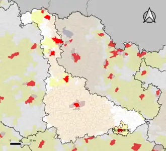 Localisation de l'aire d'attraction de Baccarat dans le département de Meurthe-et-Moselle.
