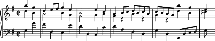 \version "2.18.2"
\header {
tagline = ##f
}
upper = \relative c'' {
\clef treble
\key g \major
\time 2/2
\tempo 2 = 88
\set Staff.midiInstrument = #"harpsichord"
\partial 2
<< { b'4 g d e8 fis g4 e b2 e4 c a4 b8 c d b c a c b a g b'4 g e } \\ { d4 b a2 b4 g fis2 g4 a fis r4 a r4 g r4 d' b cis } >>
}
lower = \relative c' {
\clef bass
\key g \major
\time 2/2
\set Staff.midiInstrument = #"harpsichord"
g4 g' fis fis, e e' d d, c c' d a fis d g d g,8 d' e fis g
}
\score {
\new PianoStaff <<
\set PianoStaff.instrumentName = #""
\new Staff = "upper" \upper
\new Staff = "lower" \lower
>>
\layout {
\context {
\Score
\remove "Metronome_mark_engraver"
}
}
\midi { }
}