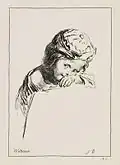 François Boucher, d'après Antoine Watteau : « Jeune enfant en buste, coiffé d’un toquet, le visage reposant sur son bras gauche » ( Collection du baron Edmond de Rothschild, Département des Arts Graphiques, musée du Louvre)