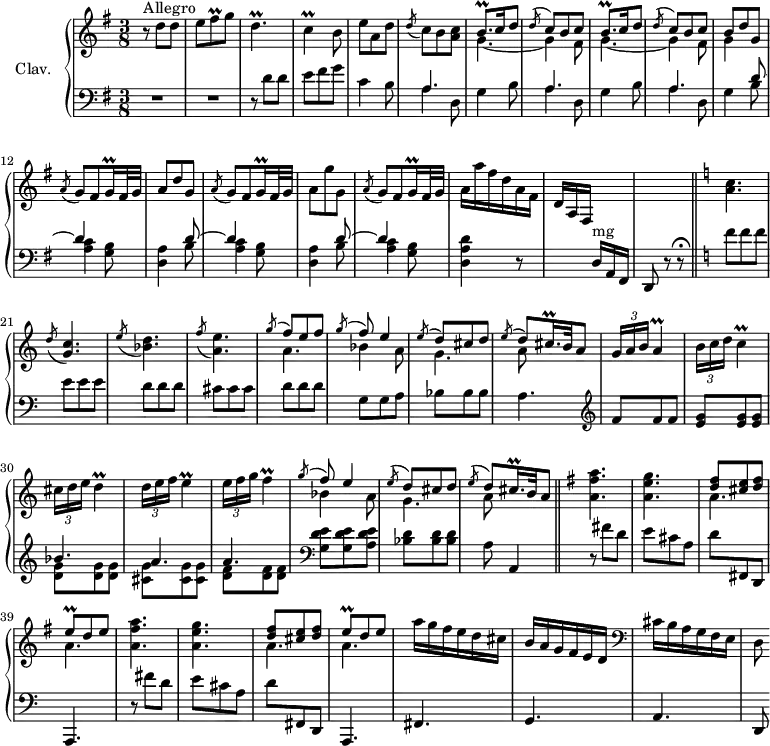 \version "2.18.2"
\header {
tagline = ##f
}
% petites notes
prallFisq = { \tag #'print { fis8\prall } \tag #'midi { g32 fis g fis } }
prallDp = { \tag #'print { d4.\prall } \tag #'midi { e32 d e d~ d8~ d8 } }
prallC = { \tag #'print { c4\prall } \tag #'midi { d32 c d c~ c8 } }
prallA = { \tag #'print { a4\prall } \tag #'midi { a32 b a b a8 } }
prallD = { \tag #'print { d4\prall } \tag #'midi { d32 e d e d8 } }
prallE = { \tag #'print { e4\prall } \tag #'midi { e32 f e f e8 } }
prallF = { \tag #'print { f4\prall } \tag #'midi { f32 g f g f8 } }
prallBqp = { \tag #'print { b8.\prall } \tag #'midi { c32 b c b~ b16 } }
prallEq = { \tag #'print { e8\prall } \tag #'midi { fis32 e fis~ fis } }
prallCqqp = { \tag #'print { c16\prall } \tag #'midi { \times 2/3 { c32 d c } } } % obligation d'enlever le point
prallGqqp = { \tag #'print { g16\prall } \tag #'midi { \times 2/3 { g32 a g } } } % obligation d'enlever le point
prallGisqqp = { \tag #'print { gis16.\prall } \tag #'midi { \times 2/3 { a32 gis a } gis~ gis16 } }
prallCisqqp = { \tag #'print { cis16.\prall } \tag #'midi { \times 2/3 { c32 d c~ } c~ } }
upper = \relative c'' {
\clef treble
\key g \major
\time 3/8
\tempo 4. = 72
\set Staff.midiInstrument = #"harpsichord"
\override TupletBracket.bracket-visibility = ##f
s8*0^\markup{Allegro}
r8 d8 d | e \prallFisq g8 | \prallDp | \prallC b8 | e8 a, d | \acciaccatura d8 c8 b < a c > | \repeat unfold 2 { << { \prallBqp c16 d8 | \acciaccatura d8 c8 b c } \\ { g4.~ | g4 fis8 } >> }
% ms. 11
<< { b8 d g, } \\ { g4 } >> \acciaccatura a8 g8 fis \prallGqqp fis32 g | a8 d g, | \acciaccatura a8 g8 fis \prallGqqp fis32 g |
% ms. 15
a8 g' g, | \acciaccatura a8 g8 fis \prallGqqp fis32 g | a16 a' fis d a fis d a fis s8. | s4. \bar "||" \key c \major < a' c >4. \acciaccatura d8 < g, c >4.
% ms. 22
\acciaccatura e'8 < bes d >4. \acciaccatura f'8 < a, e' >4. << { \acciaccatura g'8 \stemUp f8 e f | \acciaccatura g8 f8 e4 \acciaccatura e8 d8 cis d | \acciaccatura e8 d8 \prallCisqqp b32 \tempo 4. = 40 a8 } \\ { a4. | bes4 a8 | g4. | a8 } >> \tempo 4. = 70 \times 2/3 { g16 a b } \prallA
% ms. 29
\times 2/3 { b16 c d } \prallC | \times 2/3 { cis16 d e } \prallD | \times 2/3 { d16 e f } \prallE | \times 2/3 { e16 f g } \prallF << { \acciaccatura g8 \stemUp f8 e4 | \acciaccatura e8 d8 cis d | \acciaccatura e8 d8 \prallCisqqp b32 a8 } \\ { bes4 a8 | g4. | a8 } >> \bar "||" \key g \major
% ms. 36
\repeat unfold 2 { < a fis' a >4. | < a e' g > | << { < d fis >8 < cis e > < d fis > | \prallEq d e } \\ { a,4. | a4. } >> }
% ms. 44
a'16 g fis e d cis | b a g fis e d \clef bass cis b a g fis e | d8
}
lower = \relative c' {
\clef bass
\key g \major
\time 3/8
\set Staff.midiInstrument = #"harpsichord"
% **************************************
R4.*2 | r8 d8 d | e fis g | c,4 b8 | \repeat unfold 2 { << { \mergeDifferentlyDottedOn a4. s4. } \\ { a4 d,8 | g4 b8 } >> } | << { \mergeDifferentlyDottedOn a4. s4 } \\ { a4 d,8 | g4 } >> \repeat unfold 2 { << { d'8~ d4 s4. } \\ { b8 | < a c >4 < g b >8 < d a' >4 } >> } << { d'8~ d4 s4. } \\ { b8 | < a c >4 < g b >8 < d a' d >4 } >> r8 s8. d16^\markup{mg} a fis d8 \tempo 4. = 50 r8 r8\fermata | \tempo 4. = 72 \key c \major \repeat unfold 3 { f''8 } \repeat unfold 3 { e } \repeat unfold 3 { d } \repeat unfold 3 { cis } \repeat unfold 3 { d } g, g a \repeat unfold 3 { bes } a4. \clef treble \repeat unfold 3 { f'8 } < e g > q q << { bes'4. | a a } \\ { < d, g >8 q q | < cis g' > q q | < d f > q q } >> \clef bass < g, d' e >8 q < a d e > < bes d > q q | a8 \tempo 4. = 40 a,4 | \tempo 4. = 72
% ms. 36
\repeat unfold 2 { \stemDown r8 fis''8 d | e cis a | d \stemUp fis,, d a4. } fis'4. g a | d,8
}
thePianoStaff = \new PianoStaff <<
\set PianoStaff.instrumentName = #"Clav."
\new Staff = "upper" \upper
\new Staff = "lower" \lower
>>
\score {
\keepWithTag #'print \thePianoStaff
\layout {
#(layout-set-staff-size 17)
\context {
\Score
\override SpacingSpanner.common-shortest-duration = #(ly:make-moment 1/2)
\remove "Metronome_mark_engraver"
}
}
}
\score {
\keepWithTag #'midi \thePianoStaff
\midi { }
}