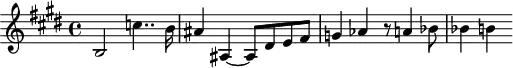 \header {
tagline = ##f
}
\score {
\new Staff \with {
}
<<
\relative c'' {
\clef treble
\key e \major
\time 4/4
\tempo 4 = 70
\override TupletBracket #'bracket-visibility = ##f
%\autoBeamOff
\set Staff.midiInstrument = #"string ensemble 1"
%%%%%%%%%%%%%%%%%%%%%%%%%% AB 9-3 th1
b,2 c'!4.. b16 ais4 ais,!4~ ais8 dis e fis g!4 aes r8 a!4 bes8 bes4 b!
}
>>
\layout {
\context { \Score \remove "Metronome_mark_engraver"
}
}
\midi {}
}