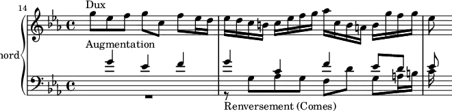 \version "2.18.2"
\header {
tagline = ##f
}
Dux = { s8^\markup{Dux} g8 ees f g c, f ees16 d }
Augmentation = { s4^\markup{Augmentation} g4 ees f g c, f ees8 d ees }
Semoc = { r8_\markup{Renversement (Comes)} g,8 aes g f d' g, a16 b }
upper = \relative c''' {
\clef treble
\key c \minor
\time 4/4
\tempo 4 = 63
\set Staff.midiInstrument = #"harpsichord"
\set Score.currentBarNumber = #14
%\context Score \applyContext #(set-bar-number-visibility 4)
\bar ""
%% FUGUE CBT II-2, BWV 871, ut mineur — augmentation renversement
\Dux ees16 d c b c ees f g aes c, b a b g' f g ees8
}
lower = \relative c'' {
\clef bass
\key c \minor
\time 4/4
\set Staff.midiInstrument = #"harpsichord"
<< { \Augmentation } \\ { R1 \Semoc c16 } >>
}
\score {
\new PianoStaff <<
\set PianoStaff.instrumentName = #"harpsichord"
\new Staff = "upper" \upper
\new Staff = "lower" \lower
>>
\layout {
indent = #0
\context {
\Score
\remove "Metronome_mark_engraver"
}
}
\midi { }
}