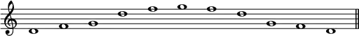 \relative c' {
\cadenzaOn \omit Staff.TimeSignature
\tempo 1 = 90 \set Score.tempoHideNote = ##t
d1 f g d' f g f d g, f d \bar "||" }