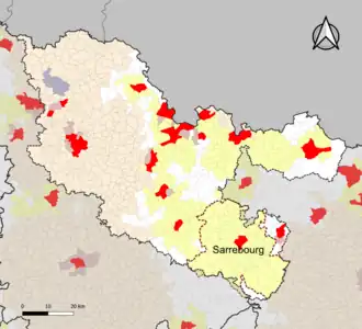 Localisation de l'aire d'attraction de Sarrebourg dans le département de la Moselle.