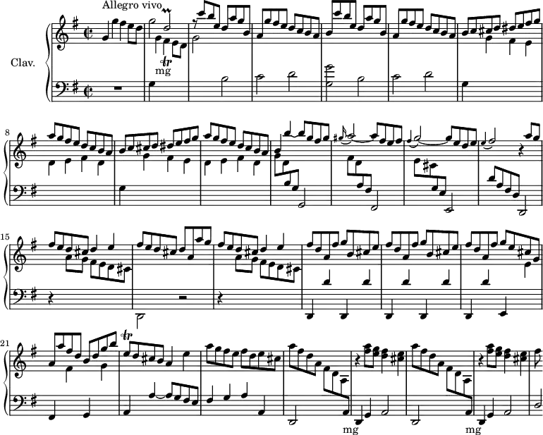 
\version "2.18.2"
\header {
  tagline = ##f
  % composer = "Domenico Scarlatti"
  % opus = "K. 180"
  % meter = "Allegro vivo"
}

%% les petites notes
trillEqDown     = { \tag #'print { e,8\trill } \tag #'midi { \times 2/3 { e16 fis e } } }
trillDb         = { \tag #'print { d2\prall } \tag #'midi { \times 2/3 { e16 d e } d8~ d4 } }
appoFisb        = { \tag #'print { \appoggiatura e4 fis2 } \tag #'midi { e4 fis4 } }
appoGb          = { \tag #'print { \appoggiatura fis4 g2~ } \tag #'midi { fis4 g4~ } }
trillFis        = { \tag #'print { fis4_\trill } \tag #'midi { \times 2/3 { g16 fis g } fis8 } }

upper = \relative c'' {
  \clef treble 
  \key g \major
  \time 2/2
  \tempo 2 = 96
  \set Staff.midiInstrument = #"harpsichord"
  \override TupletBracket.bracket-visibility = ##f

      s8*0^\markup{Allegro vivo}
      g4 g' fis4 e8 d | g2 \stemUp \trillDb | r8 \repeat unfold 2 { c'8 b e, d a' g b, | a g' fis e d c b a |
      % ms. 7
      b8 } c cis d dis e fis g | a g fis e d c b a |
      % ms. 9
      b8 c cis d dis e fis g | a g fis e d c b a | b4 b'~ b8 g fis g | \appoggiatura gis16 a2~ a8 fis e fis |
      % ms. 13
      \appoGb g8 e d e | \appoFisb r4 a8 g | fis e d cis d4 e | fis8 e d cis d a a' g |
      % ms. 17
      fis8 e d cis d4 e | \repeat unfold 2 { fis8 d a fis'  g b, cis e } | fis8 d a fis' g e cis g | a a' fis d b d g b |
      % ms. 22
      \trillEqDown d8 cis b a4 \stemNeutral  e' | a8 g fis e fis d e cis | \repeat unfold 2 { a'8 fis d a fis d a \change Staff = "lower" a,-\markup{mg} | \change Staff = "upper" b''4\rest < fis' a >8 < e g > < d fis >4 < cis e > } | 
      % ms. 28
      fis8

}

lower = \relative c' {
  \clef bass
  \key g \major
  \time 2/2
  \set Staff.midiInstrument = #"harpsichord"
  \override TupletBracket.bracket-visibility = ##f

    % ************************************** \appoggiatura \repeat unfold 2 {  } \times 2/3 { }
      R1 | g4 \stemDown \change Staff = "upper" g'-\markup{mg} \trillFis e8 d | g2 \change Staff = "lower" b, | c d |
      % ms. 5
      < g, g' >2 b | c d | \repeat unfold 2 { \change Staff = "lower"  g,4 \stemDown \change Staff = "upper" g' fis e | d e fis d } |
      % ms. 11
      g8 d \stemUp \change Staff = "lower" b g g,2 | \stemDown \change Staff = "upper" fis''8 d  \stemUp \change Staff = "lower" a fis fis,2 | 
      % ms. 13
      \stemDown \change Staff = "upper" e''8 cis  \stemUp \change Staff = "lower" g e e,2 | \stemNeutral d''8 a fis d d,2 | r4 \stemDown \change Staff = "upper" a'''8 g fis e d cis \change Staff = "lower" d,,2 r2 |
      % ms. 17
      r4 \stemDown \change Staff = "upper" a'''8 g fis e d cis \change Staff = "lower" \stemNeutral \repeat unfold 5 { d,,4 d'' } e,,4 \stemDown  \change Staff = "upper" e'' | \stemUp \change Staff = "lower" fis,, \stemDown  \change Staff = "upper" fis'' \stemUp \change Staff = "lower" g,, \stemDown  \change Staff = "upper" g''
      % ms. 22
      \stemNeutral \change Staff = "lower" a,,4 a'~ a8 g fis e  | fis4 g a a, | d,2 s2 | d4 g a2 | d,2 s2 |
      % ms. 27
      d4 g a2 | d2*1/4

}

thePianoStaff = \new PianoStaff <<
    \set PianoStaff.instrumentName = #"Clav."
    \new Staff = "upper" \upper
    \new Staff = "lower" \lower
  >>

\score {
  \keepWithTag #'print \thePianoStaff
  \layout {
      #(layout-set-staff-size 17)
    \context {
      \Score
     \override SpacingSpanner.common-shortest-duration = #(ly:make-moment 1/2)
      \remove "Metronome_mark_engraver"
    }
  }
}

\score {
  \keepWithTag #'midi \thePianoStaff
  \midi { }
}
