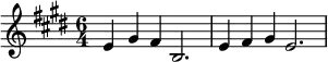 \relative c' {\time 6/4 \key e \major e4 gis fis b,2. | e4 fis gis e2. |}