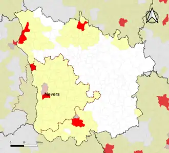 Localisation de l'aire d'attraction de Nevers dans le département de la Nièvre.
