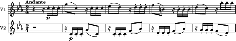 
<<
  \new Staff \with { instrumentName = #"V1 "}
  \relative c'' {
     \version "2.18.2"
     \key ees \major
     \tempo "Andante"
     \time 2/4
    r4 r16 c16-.\p c-. c-.
   g'8 (c,)  r16 c16-. c-. c-.
   ees8 (d) r16 d16-. d-. d-.
   f8 (b,) r16 b16-. b-. b-.
   d8 (c) r16 aes'16-. aes-. aes-.
  }
  \new Staff \with { instrumentName = #"V2 "}
  \relative c'' {
    \key ees \major
    \time 2/4
    r2 r16 c,16-.\p c-. c-. g'8 (c,)
   r16 c16-. c-. c-. f8 (aes)
   r16 d,16-. d-. d-. f8 (aes)
   r16 g16-. g-. g-. f8 (d)
  }
>>
