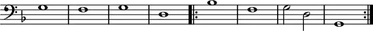
\version "2.14.2"
\header {
  tagline = ##f
}

\score {
  \new Staff \with {
    \remove "Time_signature_engraver"

  }
<<
  \relative c' {
    \key f \major
    \clef bass
    \time 2/2
    \tempo 2 = 80
    \override TupletBracket #'bracket-visibility = ##f 
    \autoBeamOff
    \set Staff.midiInstrument = #"harpsichord"

     %%%%%%%% Passamezzo antico

     g1 f g d
     \repeat volta 2 { bes'1 f g2 d g,1 }

  }
>>
  \layout {
    \context { \Score \remove "Metronome_mark_engraver" }
    \context {
      \remove "Metronome_mark_engraver"
    }
  }
  \midi {}
}
