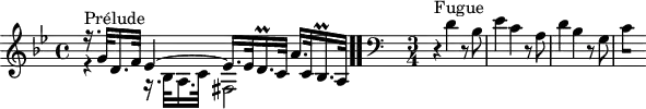 
\version "2.18.2"
\header {
  tagline = ##f
}

\score {
  \new Staff \with {

  }
<<
  \relative c'' {
    \key g \minor
    \time 4/4
    \override TupletBracket.bracket-visibility = ##f

     %% INCIPIT CBT II-10, BWV 879, mi mineur
     << { r16.^\markup{Prélude} g32 d16. f32 ees4~ ees16. ees32 d16.\prall c32 a'16. c,32 bes16.\prall a32 } \\ { r4 r16. bes32 a16. c32 fis,2 } >> \bar ".." 

     \skip 8*1
     \override Staff.Clef.extra-offset = #'( -1 . 0 )
     \clef bass 
     \time 3/4 \partial 2. \relative c' {
     r4^\markup{Fugue} d4 r8 bes8 ees4 c r8 a8 d4 bes r8 g8 
{ 
 % suppression des warnings :
 #(ly:set-option 'warning-as-error #f)
 #(ly:expect-warning (_ "stem does not fit in beam")) %% <= à traduire éventuellement
 #(ly:expect-warning (_ "beam was started here")) %% <= à traduire éventuellement
  \set stemRightBeamCount = #1
  c4*1/2[ s]
} }
  }
>>
  \layout {
     \context { \Score \remove "Metronome_mark_engraver" 
                \override SpacingSpanner.common-shortest-duration = #(ly:make-moment 1/2) 
          }
  }
  \midi {}
}
