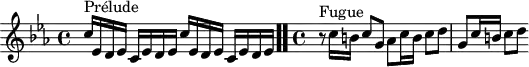 \version "2.18.2"
\header {
tagline = ##f
}
\score {
\new Staff \with {
%fontSize = #-2
}
<<
\relative c'' {
\key c \minor
\time 4/4
%% INCIPIT CBT I-2, BWV 847, ut mineur
s4*0^\markup{Prélude} \repeat unfold 2 { c16 ees, d ees c ees d ees } \bar ".."
\time 4/4
r8^\markup{Fugue} c'16 b c8 g aes c16 b c8 d g, c16 b c8 d
}
>>
\layout {
\context { \Score \remove "Metronome_mark_engraver"
\override SpacingSpanner.common-shortest-duration = #(ly:make-moment 1/2)
}
}
\midi {}
}