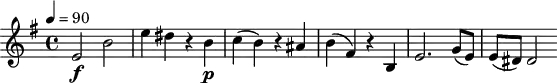 
 \version "2.18.2"
 \header {
  tagline = ##f
}
\score {
  \new Staff \with {

  }
<<
  \relative c'' {
    \key g \major
    \time 4/4
    \tempo 4 = 90
    \override TupletBracket #'bracket-visibility = ##f 
    \autoBeamOff

     %%%%%%%%%%%%%%%%%%%%%%%%%% Hob:16,44
     e,2\f b' e4 dis r4 b\p c( b) r4 ais b( fis) r4 b, e2. g8[( e)] e[( dis)] dis2
  }
>>
  \layout {
    \context {
      \remove "Metronome_mark_engraver"
    }
  }
  \midi {}
}
