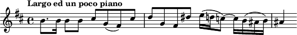 
\version "2.18.2"
\header {
  tagline = ##f
}

\score {
  \new Staff \with {

  }
<<
  \relative c'' {
    \tempo "Largo ed un poco piano"
    \key b \minor
    \time 4/4
    \tempo 4 = 72 

     %% SUJET fugue de la Messe en si — Kyrie 
     b8. b16 b8 b cis g( fis) cis' d g, fis dis' e16( d c8~) c16 b( ais b) ais4

  }
>>
  \layout {
     #(layout-set-staff-size 15)
     \context { \Score 
     %\remove "Metronome_mark_engraver" 
     %\override SpacingSpanner.common-shortest-duration = #(ly:make-moment 1/2) 
}
  }
  \midi {} 
}
