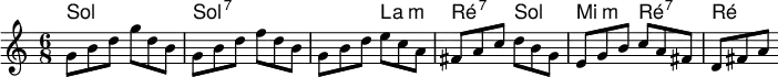 <<
\new ChordNames \chordmode {
\time 6/8
\frenchChords
g2.
g4.*3:7
a4.:min
d4.:7
g
e:min
d:7
d:
}
\new Staff \relative c'' {
\time 6/8
g8 b d g d b
g b d f d b
g b d e c a
fis a c d b g
e g b c a fis
d fis a
}
>>
