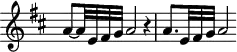 \version "2.18.2"
\header {
tagline = ##f
}
\score {
\new Staff \with {
\remove "Time_signature_engraver"
}
<<
\relative c'' {
\key d \major
\time 4/4
\tempo 4 = 66
%% rythme pointé
a8~ a32 e32 fis g a2 r4 | a8.*5/6 e32 fis g a2
}
>>
\layout {
\context { \Score \remove "Metronome_mark_engraver"
\override SpacingSpanner.common-shortest-duration = #(ly:make-moment 1/2)
}
}
\midi {}
}