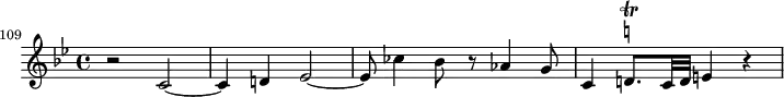 \header {
tagline = ##f
}
\score {
\new Staff \with {
}
<<
\relative c' {
\key bes \major
\time 4/4
\tempo 4 = 80
\override TupletBracket #'bracket-visibility = ##f
%\autoBeamOff
\set Staff.midiInstrument = #"French horn"
\set Score.currentBarNumber = #109
%%% AB 5-1 th2
\bar ""
r2 c2~ c4 d! ees2~ ees8 ces'4 bes8 r8 aes4 g8 c,4 d!8.\trill^\markup { \natural } c32 d e!4 r4
}
>>
\layout {
\context { \Score \remove "Metronome_mark_engraver"
}
}
\midi {}
}