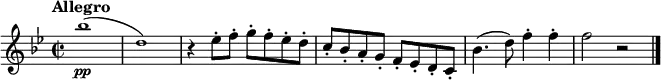 \new Staff \with {
midiInstrument = "violin"
}
\relative c''' {
\tempo "Allegro"
\tempo 2 = 90
\key bes \major
\time 2/2
\tiny bes1\pp (| d,)
\normalsize r4 es8-. f-. g-. f-. es-. d-.
c-. bes-. a-. g-. f-. es-. d-. c-.
bes'4. (d8) f4-. f-.
f2 r \bar "|."
}