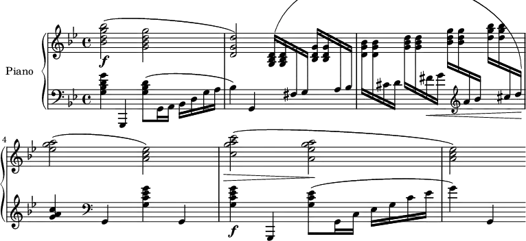 
\version "2.14.2"
\header {
  tagline = ##f
}
upper = \relative c'' {
  \clef treble 
  \key bes \major
  \time 4/4
  \tempo 4 = 126
  %\autoBeamOff

  < bes' g d bes>2\f( < g d bes g > < d g, d >)

   \repeat unfold 2 { < d, bes g >16^( }  
   \dynamicUp \change Staff = "lower" fis,16 g
    \change Staff = "upper" \repeat unfold 2 { < g' d bes >16 }
   \dynamicUp \change Staff = "lower" a, bes
    \change Staff = "upper" \repeat unfold 2 { < bes' g d >16 }
   \dynamicUp \change Staff = "lower" cis, d\!
    \change Staff = "upper" \repeat unfold 2 { < d' bes g >16 }
   \dynamicUp \change Staff = "lower" fis,_\< g
    \change Staff = "upper" \repeat unfold 2 { < g' d bes >16 }
   \dynamicUp \change Staff = "lower" \clef treble  a, bes
    \change Staff = "upper" \repeat unfold 2 { < bes' g d >16 }
   \dynamicUp \change Staff = "lower" \clef treble  cis, d)\!
   \change Staff = "upper" < a' g ees >2( < ees c a >)
   < c' a g c, >2_\>( < a g ees a, >\! < ees c a >)
}

lower = \relative c' {
  \clef bass
  \key bes \major
  \time 4/4
    
   < g' d bes g >4 g,,, < d''' bes g >8( g,,16 a bes d g a bes4)
   g,4 s2 s1 
   \clef treble < c'' a g >4 \clef bass g,, < g'' ees c g > g,, < g'' ees c g >\f g,,,
   < ees''' c g >8( g,,16 c ees g c ees g4) g,,
} 

\score {
  \new PianoStaff <<
    \set PianoStaff.instrumentName = #"Piano"
    \new Staff = "upper" \upper
    \new Staff = "lower" \lower
  >>
  \layout {
    \context {
      \Score
      \remove "Metronome_mark_engraver"
    }
  }
  \midi { }
}
