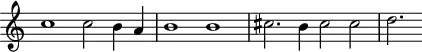 \header {
tagline = ##f
}
\score {
\new Staff \with {
\remove "Time_signature_engraver"
}
<<
\relative c'' {
\key c \major
%\clef bass
\time 2/1
\override TupletBracket #'bracket-visibility = ##f
%%% f° 4
c1 c2 b4 a b1 b cis2. b4 cis2 cis d2.
}
>>
\layout {
\context { \Score \remove "Metronome_mark_engraver" }
}
\midi {}
}