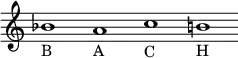 \version "2.18.2"
\header {
tagline = ##f
}
\new Staff {
\relative c'' {
\override Staff.TimeSignature #'stencil = ##f
\override Staff.BarLine #'stencil = ##f
bes1-B a1-A c1-C b!1-H
}
}
\midi {
\context {
\Score
tempoWholesPerMinute = #(ly:make-moment 60 1)
}
}
