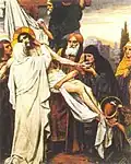 Marie accueille son Fils mort dans ses bras lors de la Descente de croix (Mt 27,57-59).