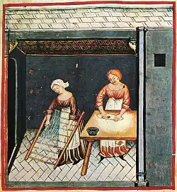 Aliments, pâtes, extrait du Taccuino Sanitatis, XIVe&nbsp;siècle.