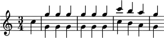 
\header {
  tagline = ##f
}

\score {
  \new Staff \with {

  }
<<
  \relative c'' {
    \key c \major
    \time 3/4
    \override TupletBracket #'bracket-visibility = ##f 
    %\autoBeamOff

     %%%%%%%%%%%%%%%%%%%%%%%%%% K61g II
     \partial 4 c4
     << { g' g g g g g c b a g } \\ { g,4 g g g g g c b a g } >>

  }
>>
  \layout {
    \context {
      \remove "Metronome_mark_engraver"
    }
  }
  \midi {}
}
