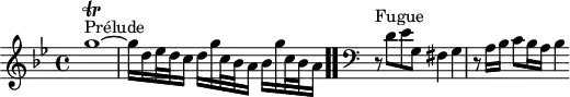 \version "2.18.2"
\header {
tagline = ##f
}
\score {
\new Staff \with {
%fontSize = #-2
}
<<
\relative c'' {
\key g \minor
\time 4/4
%% INCIPIT CBT I-16, BWV 861, sol mineur
s4*0^\markup{Prélude} g'1~\trill g16 d ees32 d c16 d g c,32 bes a16 bes16 g' c,32 bes a16
\bar ".."
\skip 8*1
%\once \override Staff.Clef.full-size-change = ##t
\override Staff.Clef.extra-offset = #'( -1 . 0 )
\clef bass
\partial 1
\relative c
r8^\markup{Fugue} d,8 ees g, fis4 g r8 a16 bes c8 bes16 a bes4
}
>>
\layout {
\context { \Score \remove "Metronome_mark_engraver"
\override SpacingSpanner.common-shortest-duration = #(ly:make-moment 1/2)
}
}
\midi {}
}