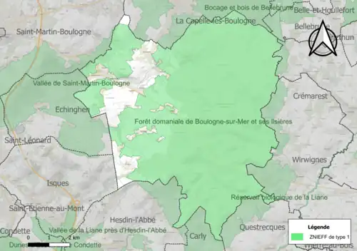 Carte des ZNIEFF de type 1 sur la commune.