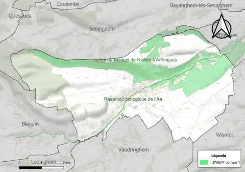 Carte des ZNIEFF de type 1 sur le territoire de la commune.