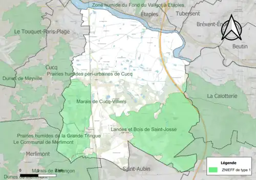 Carte des ZNIEFF de type 1 sur la commune.
