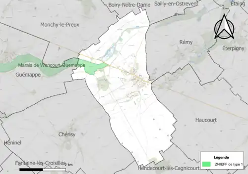 Carte de la ZNIEFF de type 1 sur la commune.