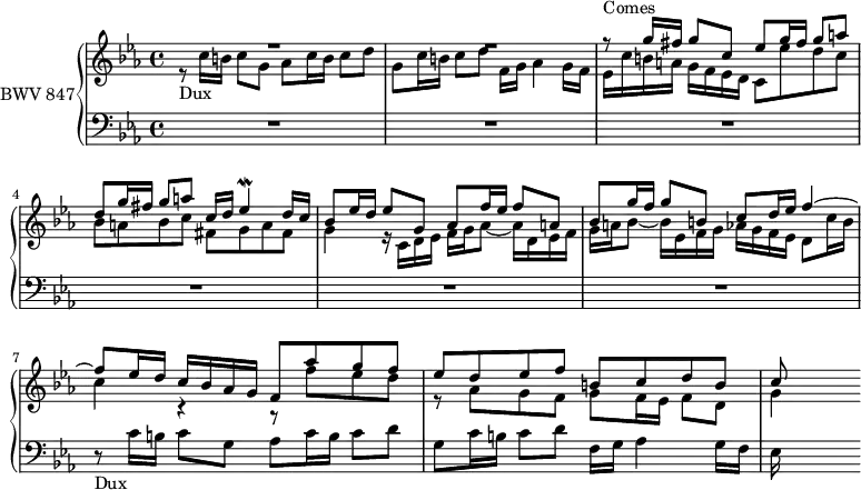 \version "2.18.2"
\header {
tagline = ##f
}
Mordeesq = { \tag #'print { ees4\mordent } \tag #'midi { ees32 d ees~ ees~ ees8 } }
Dux = { r8_\markup{Dux} c16 b c8 g aes c16 b c8 d g, c16 b c8 d f,16 g aes4 g16 f }
Comes = { r8^\markup{Comes} g16 fis g8 c, ees g16 fis g8 a d, g16 fis g8 a c,16 d \Mordeesq d16 c }
upper = \relative c' {
\clef treble
\key c \minor
\time 4/4
\tempo 4 = 63
\set Staff.midiInstrument = #"harpsichord"
%% FUGUE CBT I-2, BWV 847, ut mineur
<< { R1*2 \relative c''' \Comes bes'8 ees16 d ees8 g, aes f'16 ees f8 a, bes g'16 f g8 b, c d16 ees f4~ f8 ees16 d c bes aes g f8 aes' g f ees d ees f b, c d b c8 } \\ { \relative c'' \Dux ees,16 c' b a g f ees d c8 ees' d c bes a bes c fis, g a fis g4 r16 c,16 d ees f g aes8~ aes16 d, ees f g a bes8~ bes16 ees, f g aes g f ees d8 c'16 b | c4 r4 r8 f8 ees d r8 aes g f g f16 ees f8 d g4 } >>
}
lower = \relative c' {
\clef bass
\key c \minor
\time 4/4
\set Staff.midiInstrument = #"harpsichord"
R1*6 \Dux ees16
}
thePianoStaff = \new PianoStaff <<
\set PianoStaff.instrumentName = #"BWV 847"
\new Staff = "upper" \upper
\new Staff = "lower" \lower
>>
\score {
\keepWithTag #'print \thePianoStaff
\layout {
\context {
\Score
\remove "Metronome_mark_engraver"
}
}
}
\score {
\keepWithTag #'midi \thePianoStaff
\midi { }
}