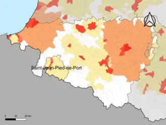 Localisation de l'aire d'attraction de Saint-Jean-Pied-de-Port dans le département des Pyrénées-Atlantiques.