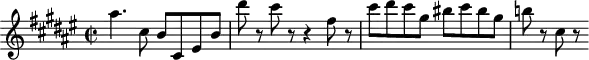 \header {
tagline = ##f
}
\score {
\new Staff \with {
}
<<
\relative c'' {
\key fis \major
\time 2/2
\tempo 2 = 68
\override TupletBracket #'bracket-visibility = ##f
%\autoBeamOff
\set Staff.midiInstrument = #"string ensemble 1"
%%%%%%%%%%%%%%%%%%%%%%%%%% AB 3-4 th2
ais'4. cis,8 b cis, eis b' dis'8 r8 cis r8 r4 fis,8 r8 cis' dis cis gis bis cis bis gis b!8 r8 cis,8 r8
}
>>
\layout {
\context { \Score \remove "Metronome_mark_engraver"
}
}
\midi {}
}
