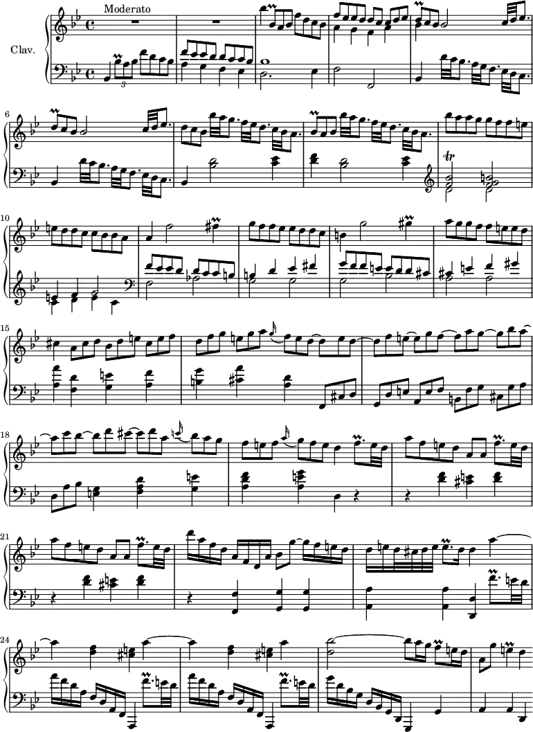 
\version "2.18.2"
\header {
  tagline = ##f
  % composer = "Domenico Scarlatti"
  % opus = "K. 439"
  % meter = "Allegro"
}

%% les petites notes
trillBesqUp      = { \tag #'print { bes'8\prall } \tag #'midi { c32 bes c bes } }
trillBesqDown    = { \tag #'print { bes,8\prall } \tag #'midi { c32 bes c bes } }
trillBesq        = { \tag #'print { bes8\prall } \tag #'midi { c32 bes c bes } }
trillDq          = { \tag #'print { d8\prall } \tag #'midi { ees32 d ees d } }
trillFBesb       = { \tag #'print { < f bes >2\trill } \tag #'midi { << { c32 bes c bes~ bes8~ bes4 } \\ { f2 } >> } }
trillFis         = { \tag #'print { fis4\prall } \tag #'midi { g32 fis g fis~ fis8 } }
trillGis         = { \tag #'print { gis4\prall } \tag #'midi { a32 gis a gis~ gis8 } }
trillFqp         = { \tag #'print { f8.\prall } \tag #'midi { g32 f g f~ f16 } }
trillFqpUp       = { \tag #'print { f'8.\prall } \tag #'midi { g32 f g f~ f16 } }
trillFqpUpUp     = { \tag #'print { f''8.\prall } \tag #'midi { g32 f g f~ f16 } }
trillFqpUpUpUp   = { \tag #'print { f'''8.\prall } \tag #'midi { g32 f g f~ f16 } }
trillEqp         = { \tag #'print { e8.\prall } \tag #'midi { f32 e f e~ e16 } }
trillFq          = { \tag #'print { f8\prall } \tag #'midi { g32 f g f } }
trillE           = { \tag #'print { e4\prall } \tag #'midi { f32 e f e~ e8 } }

upper = \relative c'' {
  \clef treble 
  \key bes \major
  \time 4/4
  \tempo 4 = 82
  \set Staff.midiInstrument = #"harpsichord"
  \override TupletBracket.bracket-visibility = ##f

      s8*0^\markup{Moderato}
      R1*2 | bes'4 \omit TupletNumber \times 2/3 { \trillBesqDown a8 bes } f'8 d c bes | << { f'8 ees ees d d c \omit TupletNumber \times 2/3 { c8 d ees } } \\ { a,4 g f a } >>
      % ms. 5
      << { \repeat unfold 2 { \times 2/3 { \trillDq c8 bes } bes2 c32 d ees8. } } \\ { bes4 } >> | \times 2/3 { d8 c bes } bes'32 a g8. f32 ees d8. c32 bes a8.
      % ms. 8
      \times 2/3 { \trillBesq a8 bes } bes'32 a g8. f32 ees d8. c32 bes a8. | bes'8 a a g g f f e | e d d c c bes bes a |
      % ms. 11
      a4 f'2 \trillFis | g8 f f ees ees d d c | b4 g'2 \trillGis  | a8 g g f f e e d |
      % ms. 15
      cis4 \times 2/3 { a8 cis d } \times 2/3 { bes8 d e } \times 2/3 { cis8 e f } | \times 2/3 { d8 f g } \times 2/3 { e8 g a } \appoggiatura g16 \times 2/3 { f8 e d~ } \times 2/3 { d8 e d~ } | \times 2/3 { d8 f e~ } \times 2/3 { e8 g f~ } \times 2/3 { f8 a g~ }  \times 2/3 { g8 bes a~ } 
      % ms. 18
      \times 2/3 { a8 c bes~ }  \times 2/3 { bes8 d cis~ } \times 2/3 { cis8 d a } \appoggiatura c16 \times 2/3 { bes8 a g } | \times 2/3 { f8 e f } \appoggiatura a16 \times 2/3 { g8 f e } d4 \trillFqp e32 d | a'8 f e d a a \trillFqpUp e32 d |
      % ms. 21
      a'8 f e d a a \trillFqpUp e32 d | d'16 a f d a f d a' bes8 g'~ g16 f e d | d e d32 cis d e \trillEqp d16 d4 a'~ |
      % ms. 24
      \repeat unfold 2 { a4 < d, f >4 < cis e > a'4~ } < d, bes' >2~ bes'8 a16 g \trillFq e16 d 
      % ms. 27
      a8 g' \trillE d4

}

lower = \relative c' {
  \clef bass
  \key bes \major
  \time 4/4
  \set Staff.midiInstrument = #"harpsichord"
  \override TupletBracket.bracket-visibility = ##f

    % ************************************** \appoggiatura a16  \repeat unfold 2 {  } \omit TupletNumber \times 2/3 { } 
      bes,4 \times 2/3 { \trillBesqUp a8 bes } f'8 d c bes | << { f'8 ees ees d d c c bes | bes1 } \\ { a4 g f ees | d2. ees4 } >> | f2 f, |
      % ms. 5
      \repeat unfold 2 { bes4 d'32 c bes8. a32 g f8. ees32 d c8. } | bes4 < bes' d >2 < c ees >4
      % ms. 8
      < d f >4 < bes d >2 < c ees >4  |  \clef treble  << { \trillFBesb < f' g b >2 | e4 f g2  } \\ { d2 d | c4 d e c } >> |   \clef bass
      % ms. 11
      << { f8 ees ees d d c c b | b4 d ees fis | g8 f f e e d d cis | cis4 e f gis } \\ { f,2 aes | g g g bes | a a } >>
      % ms. 15
      < a a' >4 < f d' > < g e' > < a f' > | < b g' > < cis a' > < d a >  | \omit TupletNumber \times 2/3 { f,,8 cis' d } | \times 2/3 { g,8 d' e } \times 2/3 { a,8 e' f } \times 2/3 { b,8 f' g } \times 2/3 { cis,8 g' a }
      % ms. 18
      \times 2/3 { d,8 a' bes } < e, g >4 < f a d > < g e' > | < a d f > < a e' g > d,4 r4 | \repeat unfold 2 { r4 < d' f >4 < cis e > < d f > }
      % ms. 22
      r4 < f,, f' >4  < g g' > q | < a a' > q < d, d' > \trillFqpUpUp \repeat unfold 2 { e32 d | 
      % ms. 24
      a'16 f d a f d a f a,4  | \trillFqpUpUpUp } e32 d  | g16 d bes g d bes g d g,4 g' |
      % ms. 27
      a4 a d, 

}

thePianoStaff = \new PianoStaff <<
    \set PianoStaff.instrumentName = #"Clav."
    \new Staff = "upper" \upper
    \new Staff = "lower" \lower
  >>

\score {
  \keepWithTag #'print \thePianoStaff
  \layout {
      #(layout-set-staff-size 17)
    \context {
      \Score
     \override SpacingSpanner.common-shortest-duration = #(ly:make-moment 1/2)
      \remove "Metronome_mark_engraver"
    }
  }
}

\score {
  \keepWithTag #'midi \thePianoStaff
  \midi { }
}
