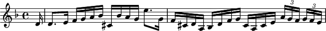 
\version "2.18.2"
\header {
  tagline = ##f
}

\score {
  \new Staff \with {

  }
<<
  \relative c' {
    \key f \major
    \time 4/4
    \set Staff.midiInstrument = #"violin" 
    \override TupletBracket #'bracket-visibility = ##f 

     %%%% Partita no. 2
     \partial 16
     d16 | d8. e16 f g a bes cis, bes' a g e'8. g,16 | f cis d a bes d f g cis, a cis e \times 2/3 { a16[ g f] } \times 2/3 { g f e }

  }
>>
  \layout {
     \context { \Score \remove "Metronome_mark_engraver" }
  }
  \midi {}
}
